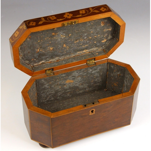 660 - A Regency mahogany tea caddy, of canted rectangular form, the hinged cover painted with a bridge in ... 