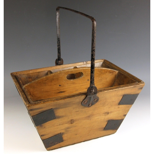 663 - A pine and iron banded housemaid's trug with removable integral tray, late 19th/early 20th century, ... 