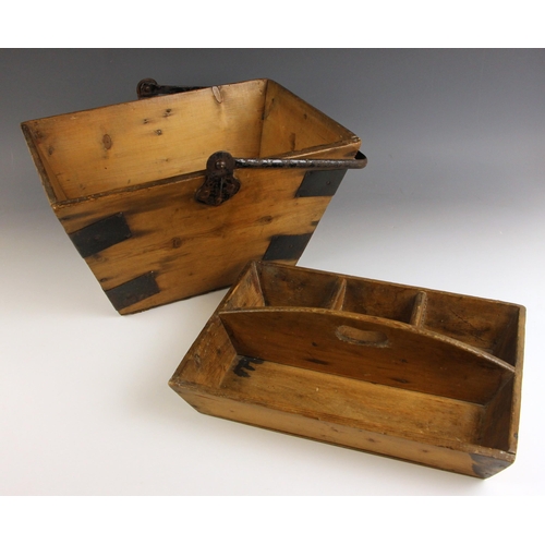 663 - A pine and iron banded housemaid's trug with removable integral tray, late 19th/early 20th century, ... 