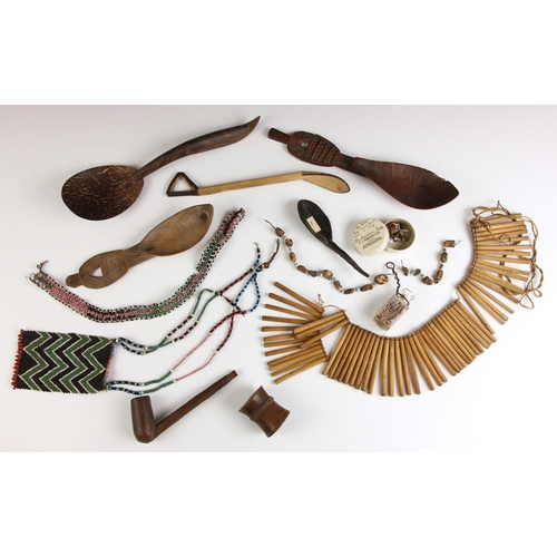 524 - Collection of antique Southern African beadwork including a Xhosa nursing necklaces, pipe, Congo pip... 