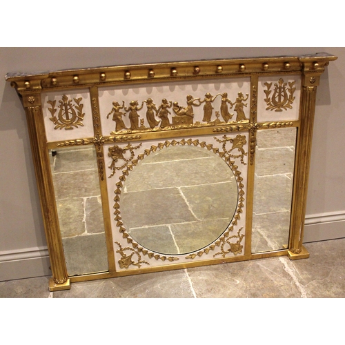 619 - A Regency style gilt and painted overmantel mirror, 19th century, the pediment applied with spheres ... 