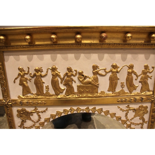 619 - A Regency style gilt and painted overmantel mirror, 19th century, the pediment applied with spheres ... 