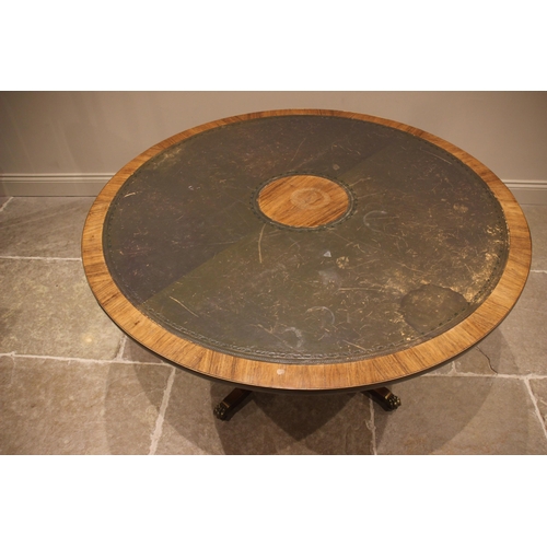 782 - A rosewood veneered and green leather circular pedestal table, by G.T Rackstraw, Worcester, 20th cen... 