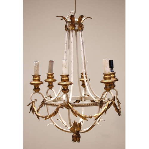 613 - A painted and gilt metal chandelier, mid 20th century, bearing a label 'Fabbrica Lampadari, Li Puma ... 