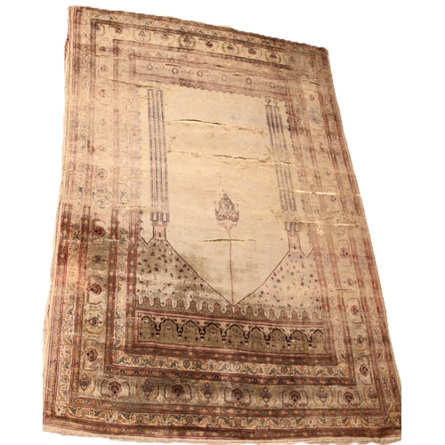 638 - A fine knotted Ottoman empire Turkish prayer rug, woven with kurk wool/silk and decorated with a sus... 