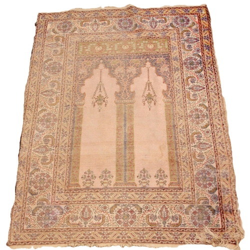 638 - A fine knotted Ottoman empire Turkish prayer rug, woven with kurk wool/silk and decorated with a sus... 