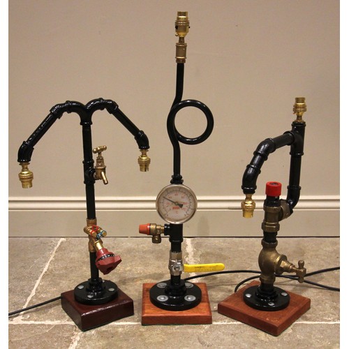 610 - Three industrial type table lamps, each constructed from industrial piping, valves, gauges and taps,... 