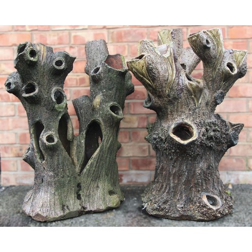 796 - A three branch salt glazed trunk planter, modelled as a naturalistic tree trunk, with multiple plant... 