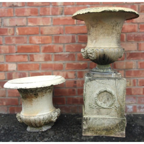 799 - A Victorian buff terracotta garden urn and pedestal, stamped J.M Blashfield, mid to late 19th centur... 