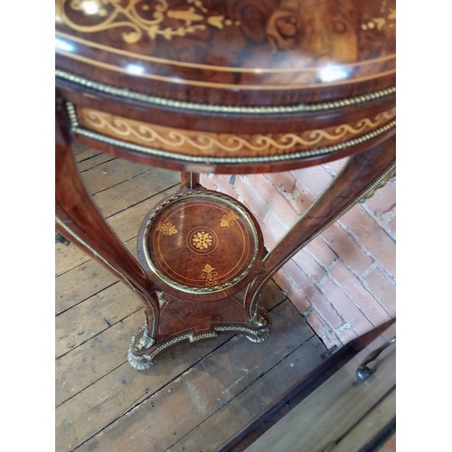 746 - A 19th century style French walnut and kingwood jardiniere stand, inlaid with foliate and scroll mot... 