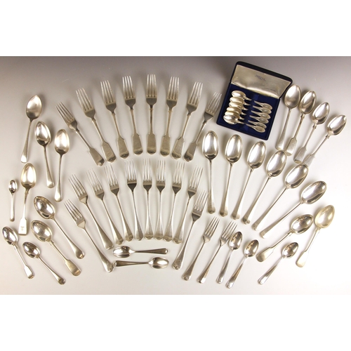 105 - A large selection of silver plated flatware, including table forks, fiddle pattern dessert spoons, a... 