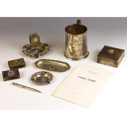 109 - ROYAL NAVY INTEREST: A selection of silver plated and base metal mess items, including a silver prop... 