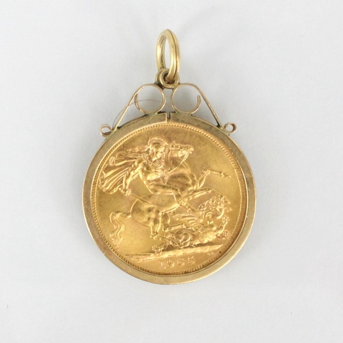 132 - An Elizabeth II full sovereign, dated 1965, within 9ct plain polished pendant mount, 9.5gms