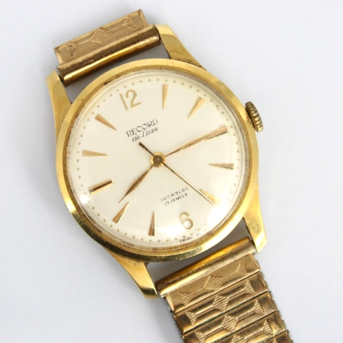 138 - An 18ct yellow gold cased Record De Luxe Incabloc watch, the circular cream dial with Arabic and arr... 