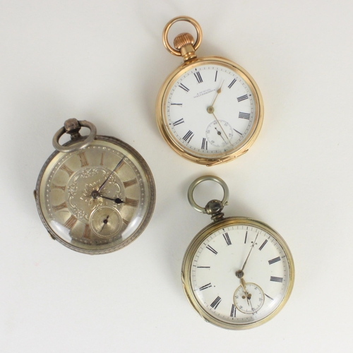 148 - A group of three pocket watches, including a gold plated Waltham pocket watch, the circular white en... 