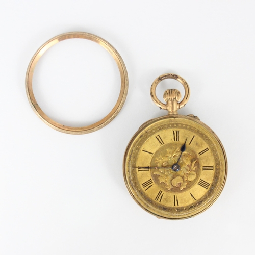 153 - A 19th century continental yellow metal ladies fob watch, the florally engraved gold coloured dial w... 