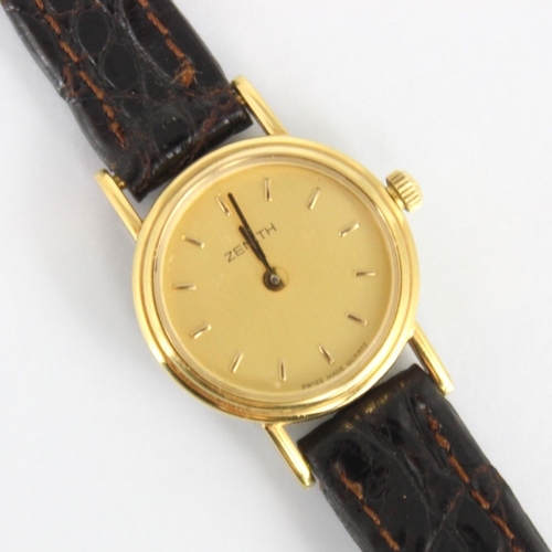 158 - A ladies Zenith wristwatch, the circular gold coloured dial with baton markers, set to plain polishe... 