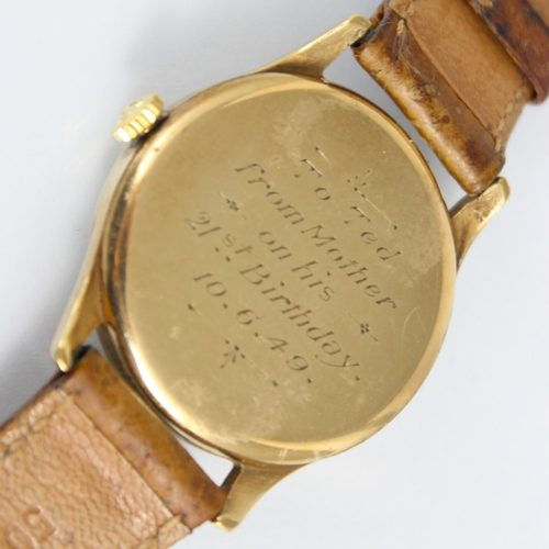 160 - A 9ct cased Omega wristwatch, the circular dial with Arabic numerals and subsidiary dial to 6 o'cloc... 