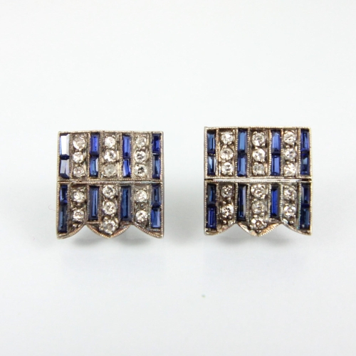 203 - A pair of Art Deco style diamond and untested sapphire earrings, converted from another piece of jew... 