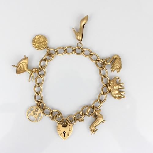 210 - A 9ct yellow gold charm bracelet, the curb link bracelet suspending seven yellow gold charms, includ... 