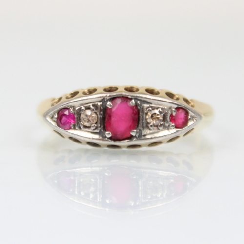 212 - An 18ct paste ring, the central red stone with white stone and further red stone set to each side, w... 