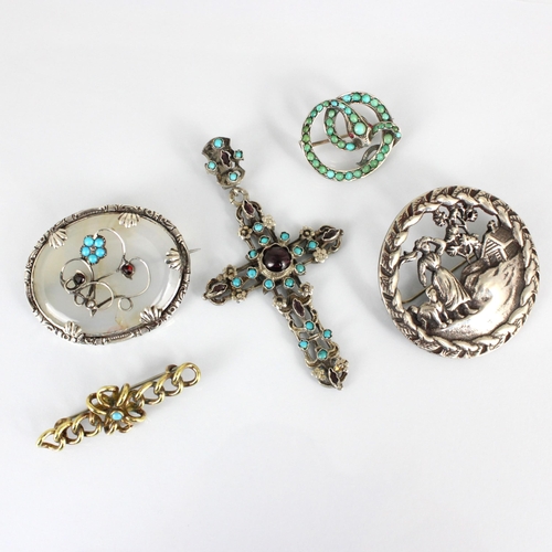 242 - A selection of jewellery, including a turquoise set serpent brooch, unmarked white metal, 3cm wide, ... 