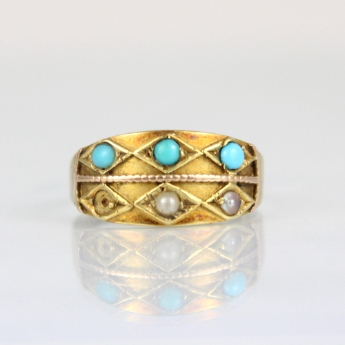 254 - A late 19th century yellow metal turquoise and seed pearl ring, the rectangular shaped head with tri... 