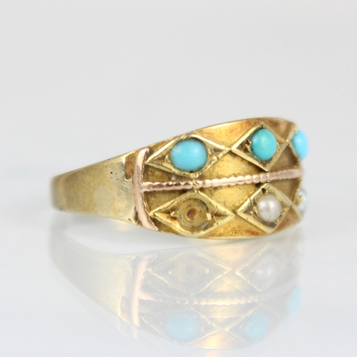 254 - A late 19th century yellow metal turquoise and seed pearl ring, the rectangular shaped head with tri... 