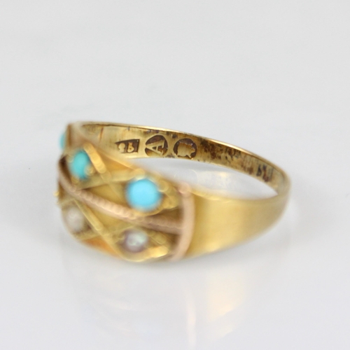 254 - A late 19th century yellow metal turquoise and seed pearl ring, the rectangular shaped head with tri... 