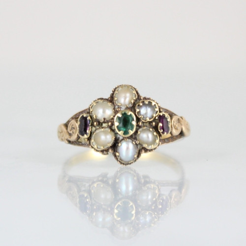 256 - A 19th century untested pearl, amethyst and emerald cluster ring, the central untested emerald withi... 