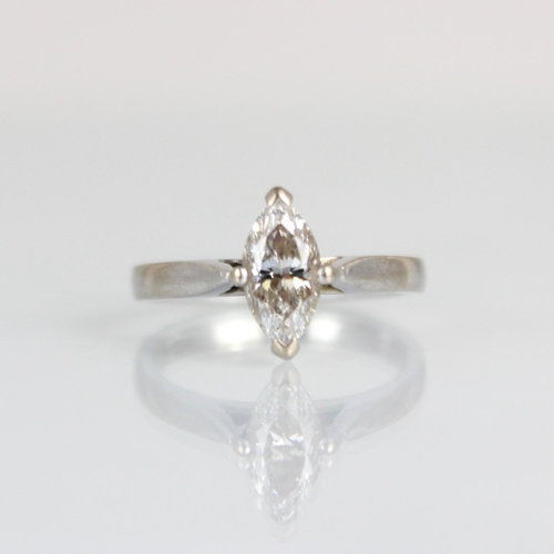 261 - A bespoke certified diamond solitaire ring, the marquise cut diamond within four claw 18ct white gol... 