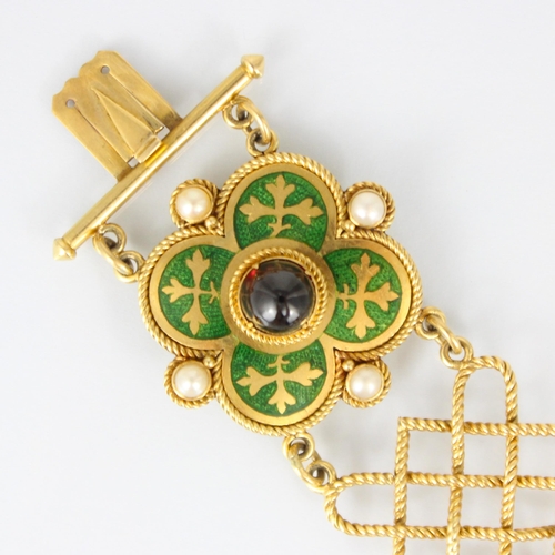 268 - A 19th century enamel and untested garnet set bracelet, the three quatrefoil shaped panels with gree... 