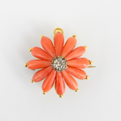 277 - A 19th century diamond and coral pendant/brooch, the flowerhead designed brooch with twelve petals s... 