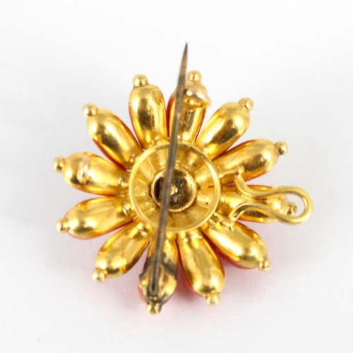 277 - A 19th century diamond and coral pendant/brooch, the flowerhead designed brooch with twelve petals s... 