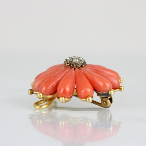 277 - A 19th century diamond and coral pendant/brooch, the flowerhead designed brooch with twelve petals s... 