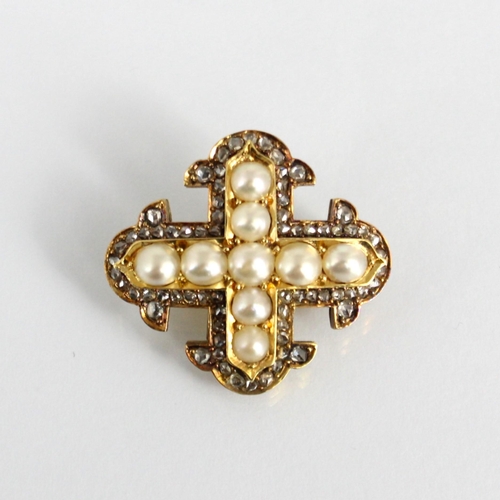 278 - A 19th century diamond and pearl cross pendant/brooch, the stylised cross with raised nine pearl cen... 