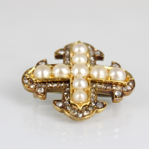 278 - A 19th century diamond and pearl cross pendant/brooch, the stylised cross with raised nine pearl cen... 