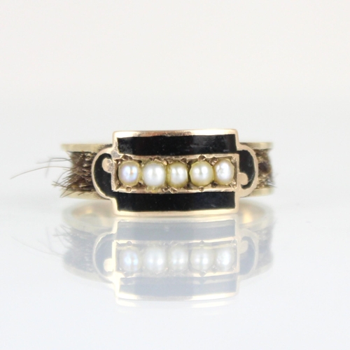 304 - A 19th 9ct mourning ring, the five seed pearls within a black enamel border, leading to shank (origi... 