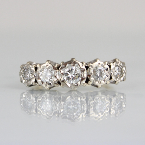 308 - A mid 20th century diamond five stone ring, the graduated round cut diamonds within white metal illu... 