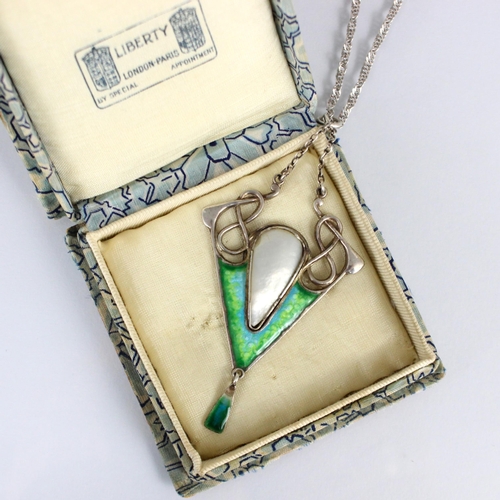 313 - An Art Nouveau enamel pendant, the central blister pearl in rubover mount, encompassed by green and ... 