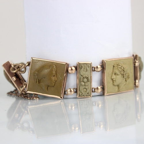 314 - A 19th century lava cameo bracelet, the six squared panels depicting goddesses, possibly depicting H... 