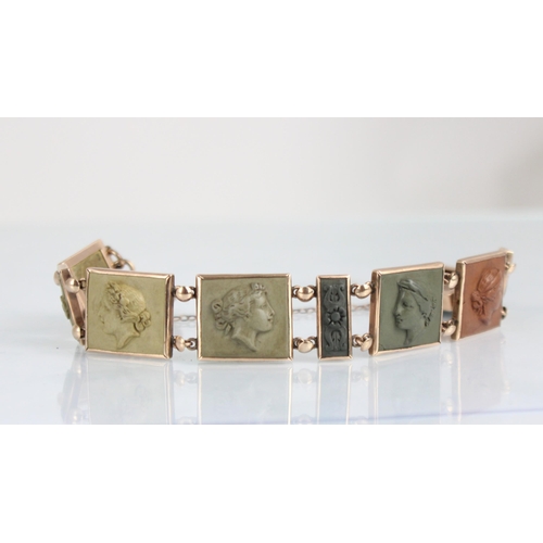 314 - A 19th century lava cameo bracelet, the six squared panels depicting goddesses, possibly depicting H... 