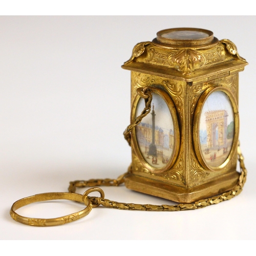 354 - A grand tour Palais Royal gilt metal mounted scent bottle on chatelaine, 19th century, modelled as a... 