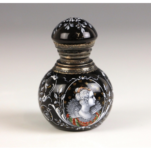 358 - A continental black enamel scent bottle, probably Limoges, 19th century, of spherical form, the body... 