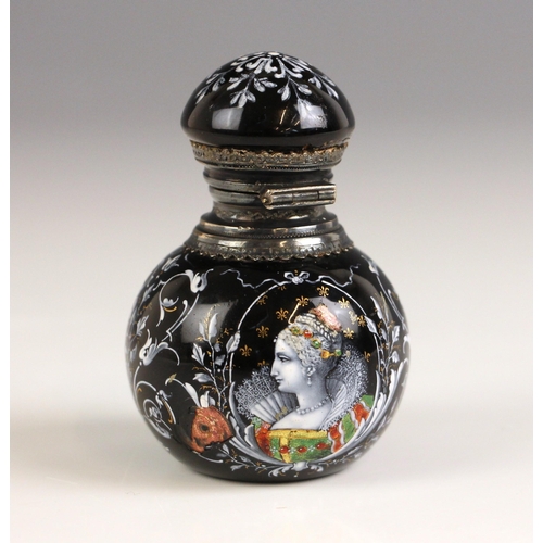 358 - A continental black enamel scent bottle, probably Limoges, 19th century, of spherical form, the body... 