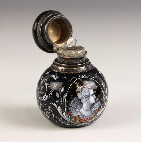 358 - A continental black enamel scent bottle, probably Limoges, 19th century, of spherical form, the body... 