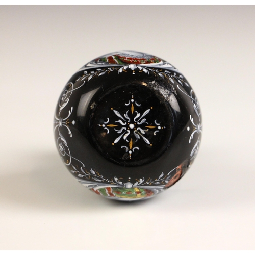 358 - A continental black enamel scent bottle, probably Limoges, 19th century, of spherical form, the body... 