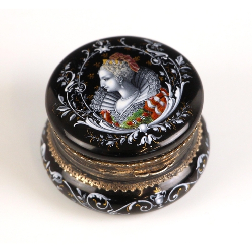 359 - A continental black enamel patch box, probably Limoges, 19th century, of waisted form, the hinged co... 