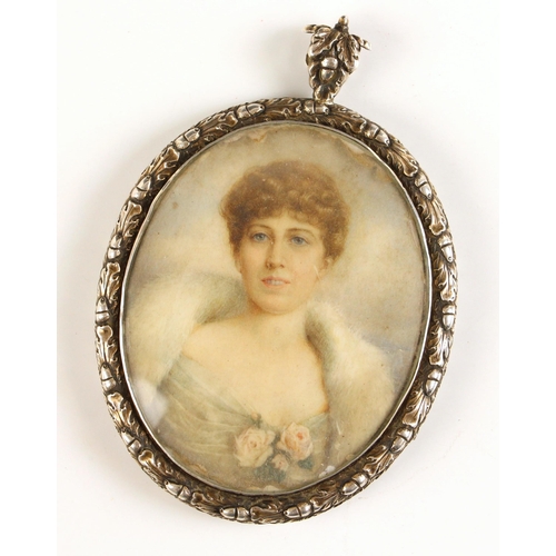 360 - English School (19th century),  
A portrait miniature depicting a lady in white fur stole with pink ... 