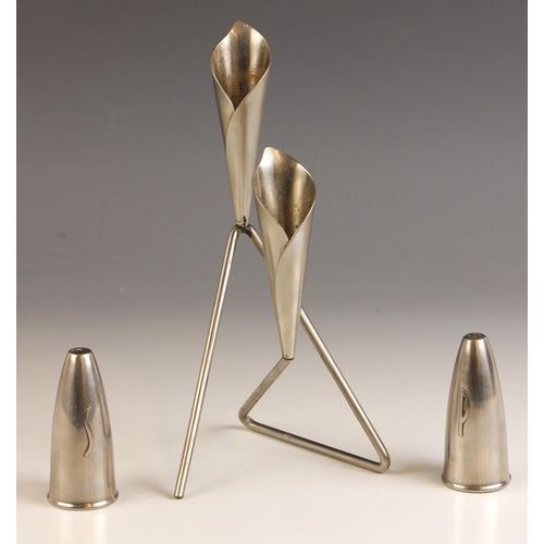 361 - A Danish modernist stainless steel cruet set, mid 20th century, each of bullet form with applied 'S'... 